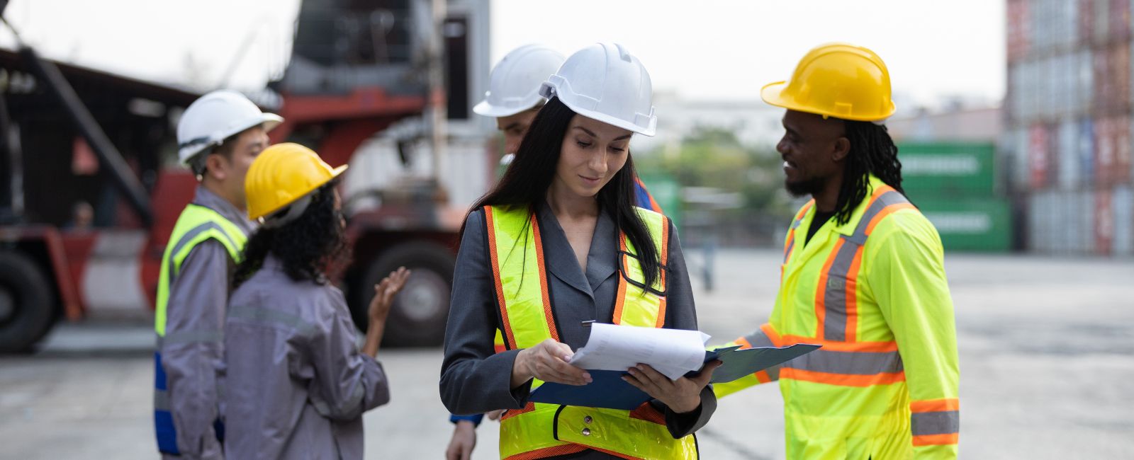 Restoration crew reviewing documentation on a jobsite, planning the next phase of work.