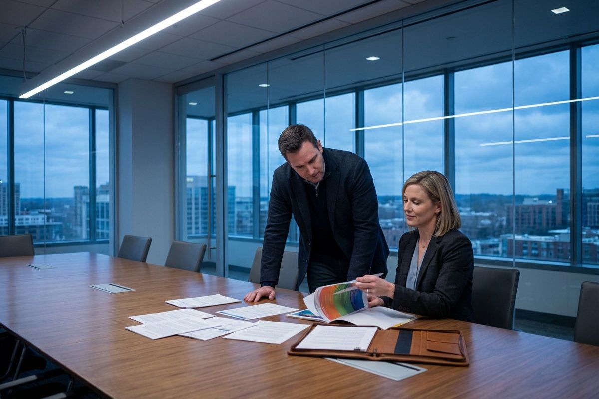 Restoration company owner reviewing contractors pollution liability coverage options with an insurance advisor at a conference table.