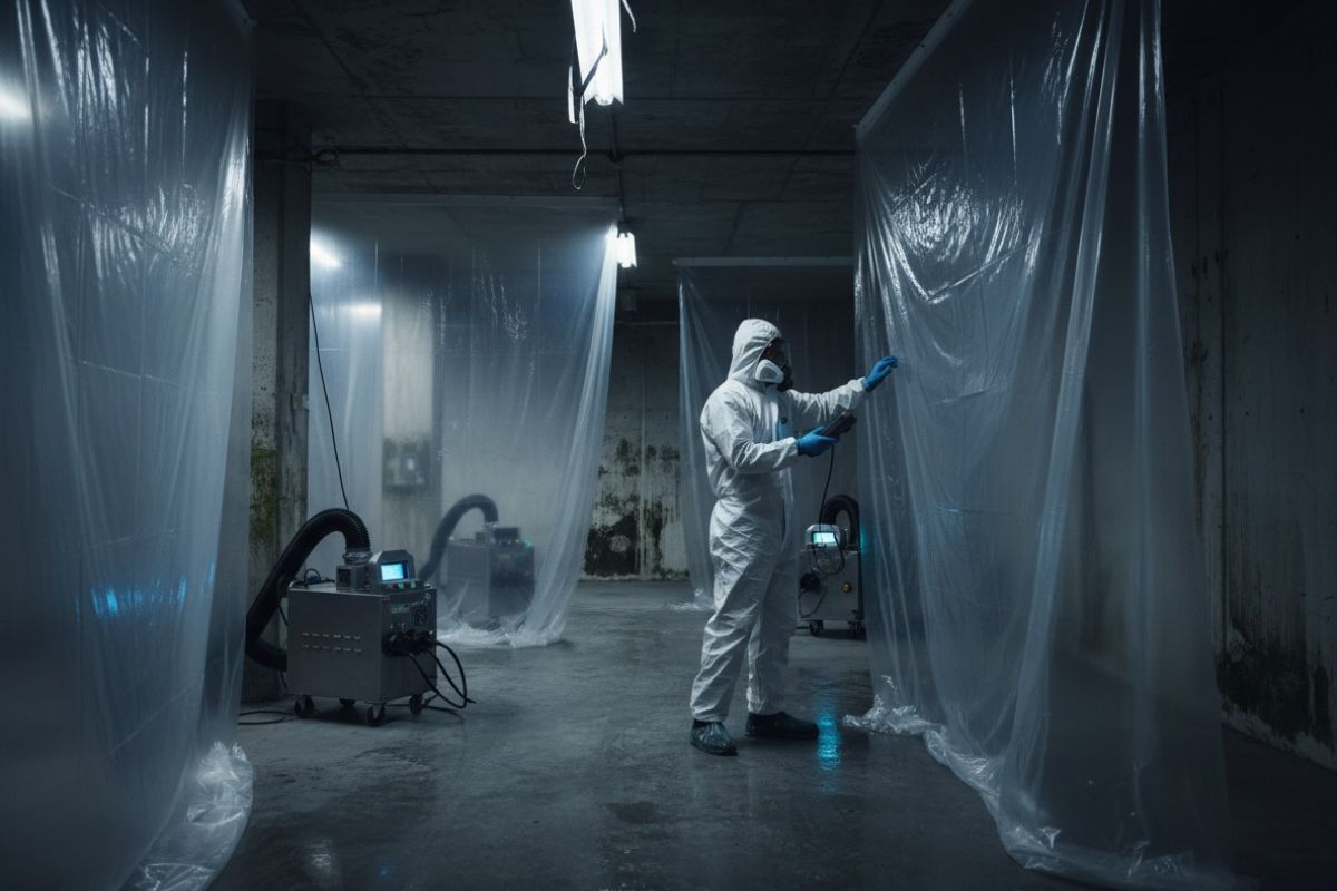 Technician in respirator inspecting air scrubbers and plastic containment barriers on a mold and water remediation project.