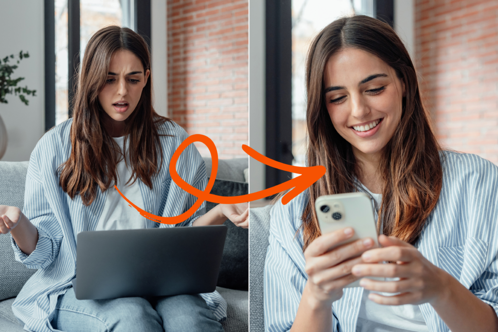 Woman looks at her computer with frustration, next to the same woman smiling at her phone. Represents successful customer complaint resolution.
