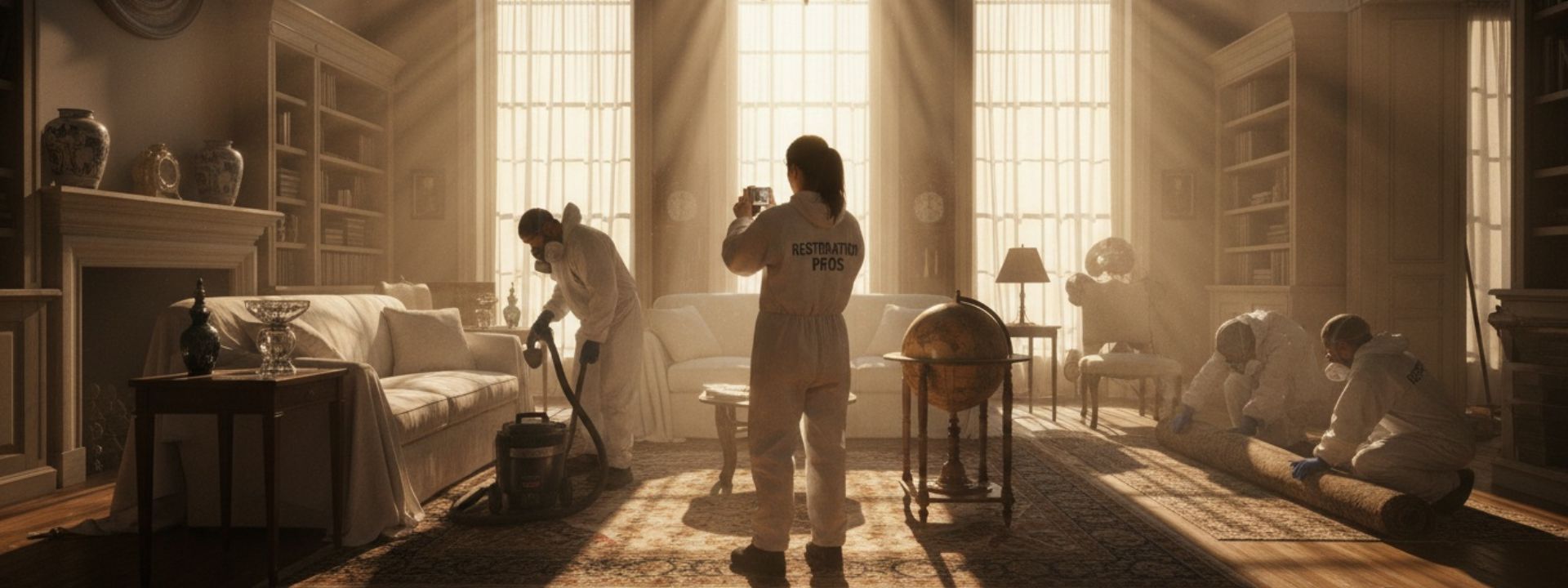 Fire and smoke restoration technicians in protective equipment cleaning soot from walls and ceilings while air scrubbers run in a fire-damaged interior.