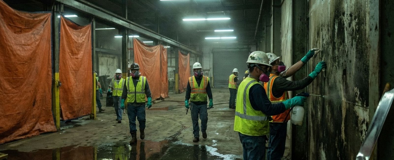 Restoration and environmental crews working side by side on water, fire, and mold projects at a commercial property.