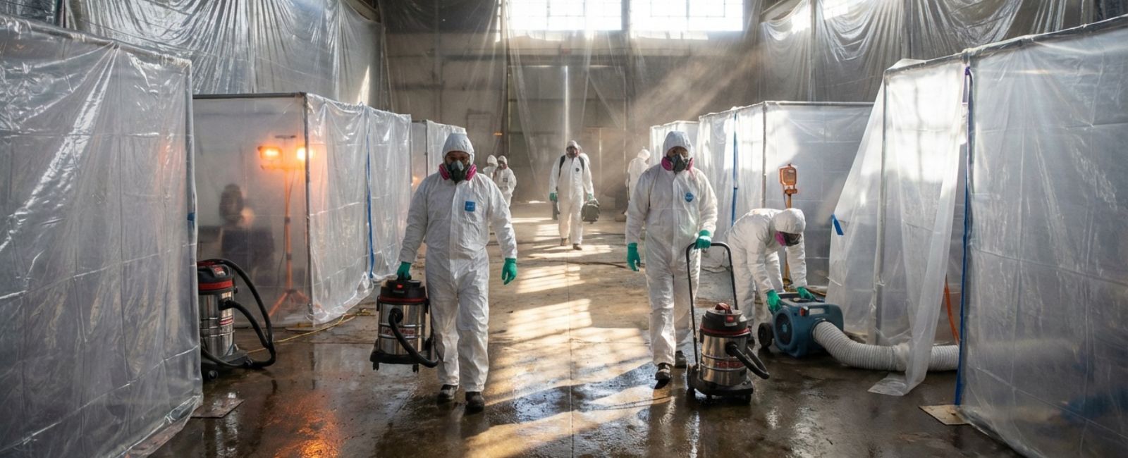 Mold remediation technicians in protective equipment working inside plastic containment with negative air and HEPA vacuums in a water-damaged interior.