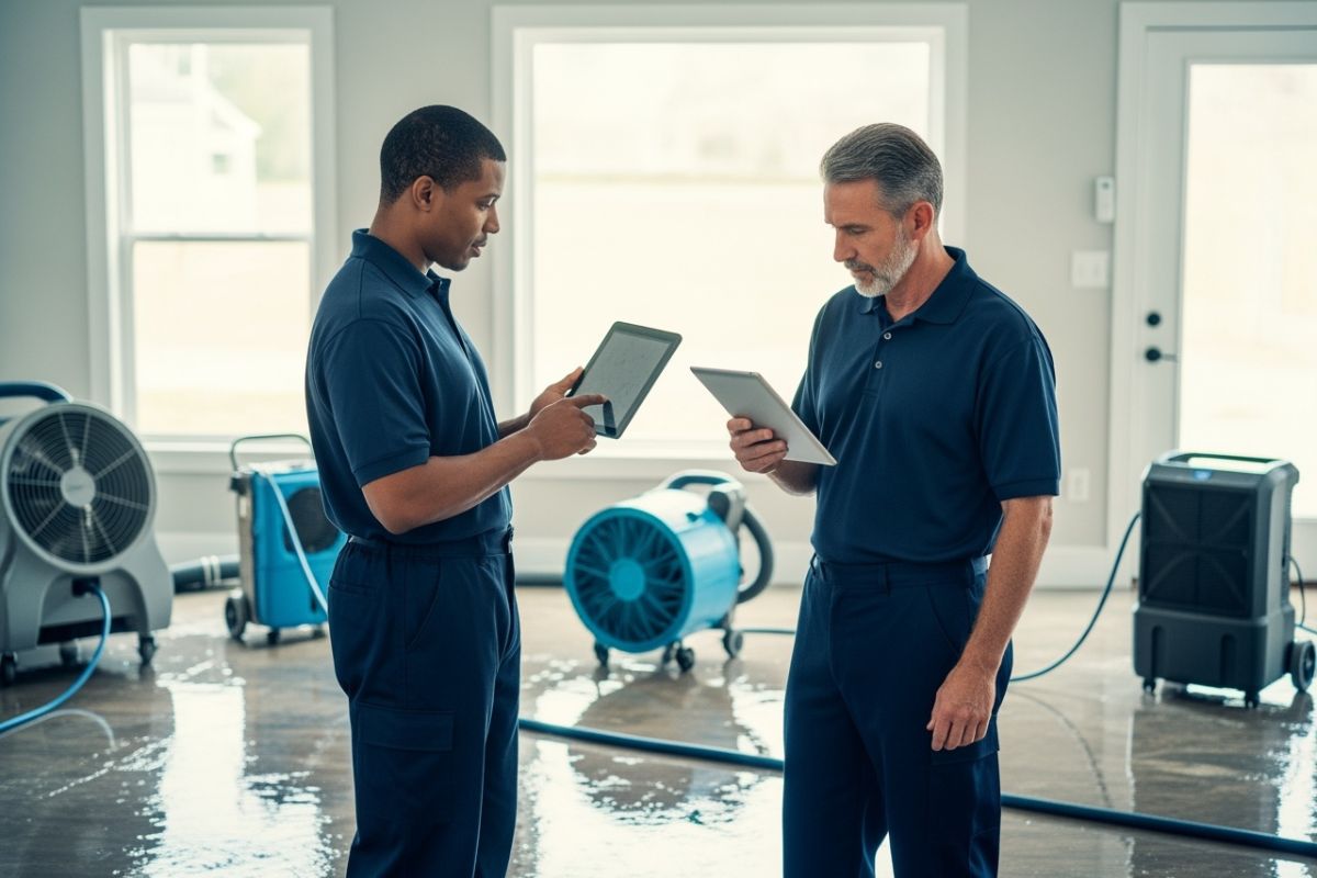 Lead water damage technician reviewing a moisture map on a tablet while crew members move air movers and dehumidifiers through a wet interior.